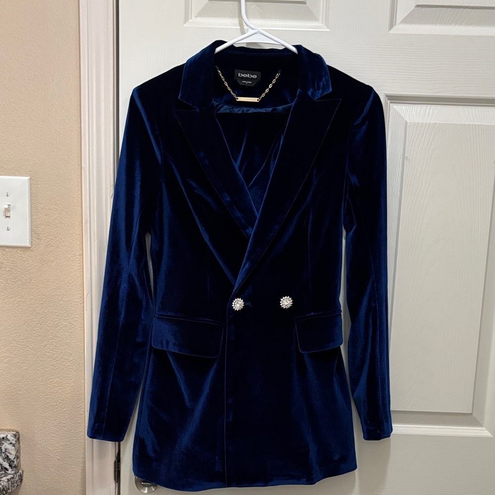 Bebe Navy Velvet Bell Bottomed Suit with Embellished Buttons
